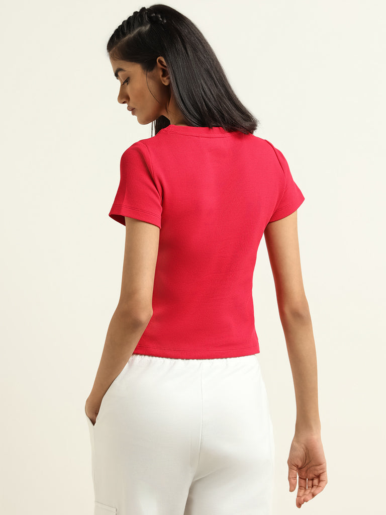 Studiofit Red Front Cotton Blend Cut-Out T-Shirt