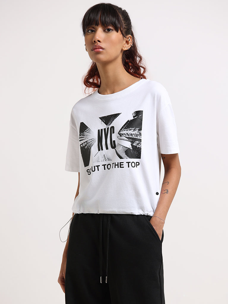 Studiofit White Crop T-Shirt with Drawstring