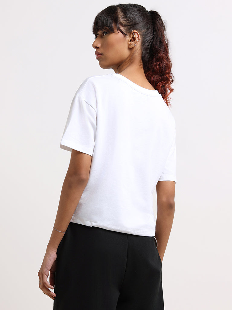 Studiofit White Crop Cotton Blend T-Shirt with Drawstring