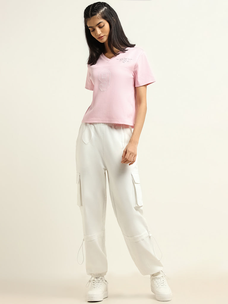 Studiofit Light Pink Printed Cotton Blend T-Shirt