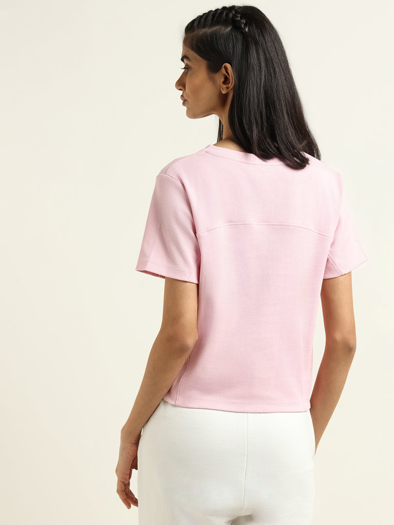 Studiofit Light Pink Printed Cotton Blend T-Shirt