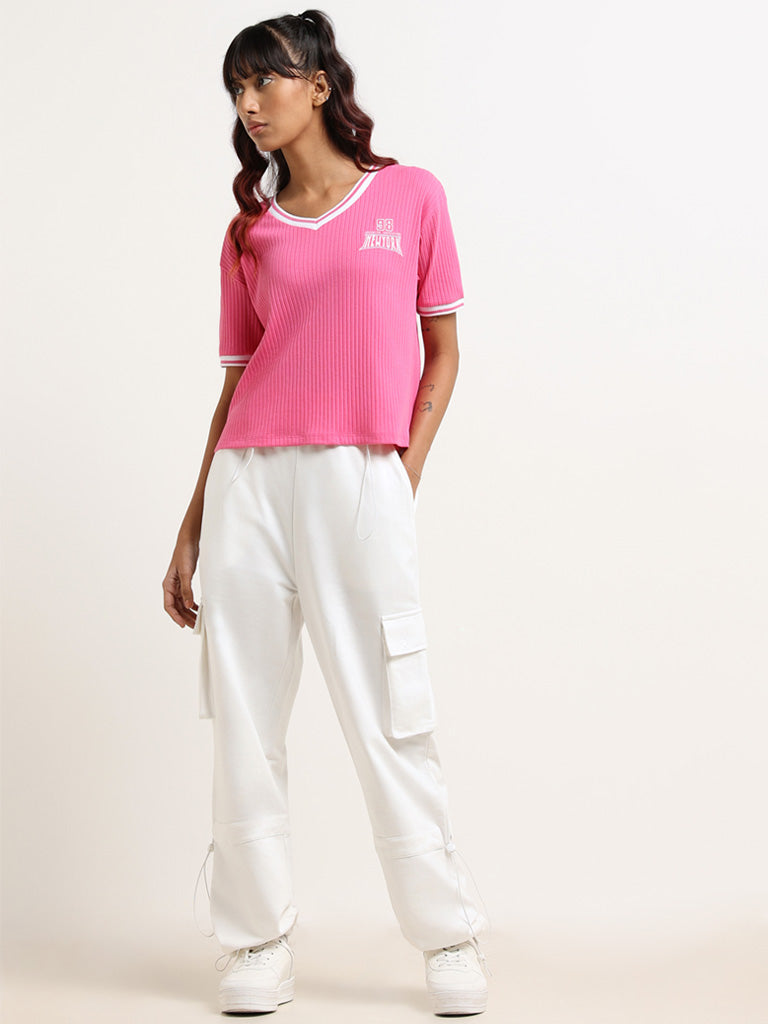 Studiofit Pink Cotton Blend Ribbed T-Shirt