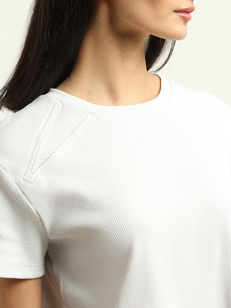 Studiofit White Self-Striped Cotton T-Shirt