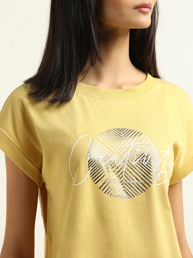 Studiofit Yellow Printed T-Shirt