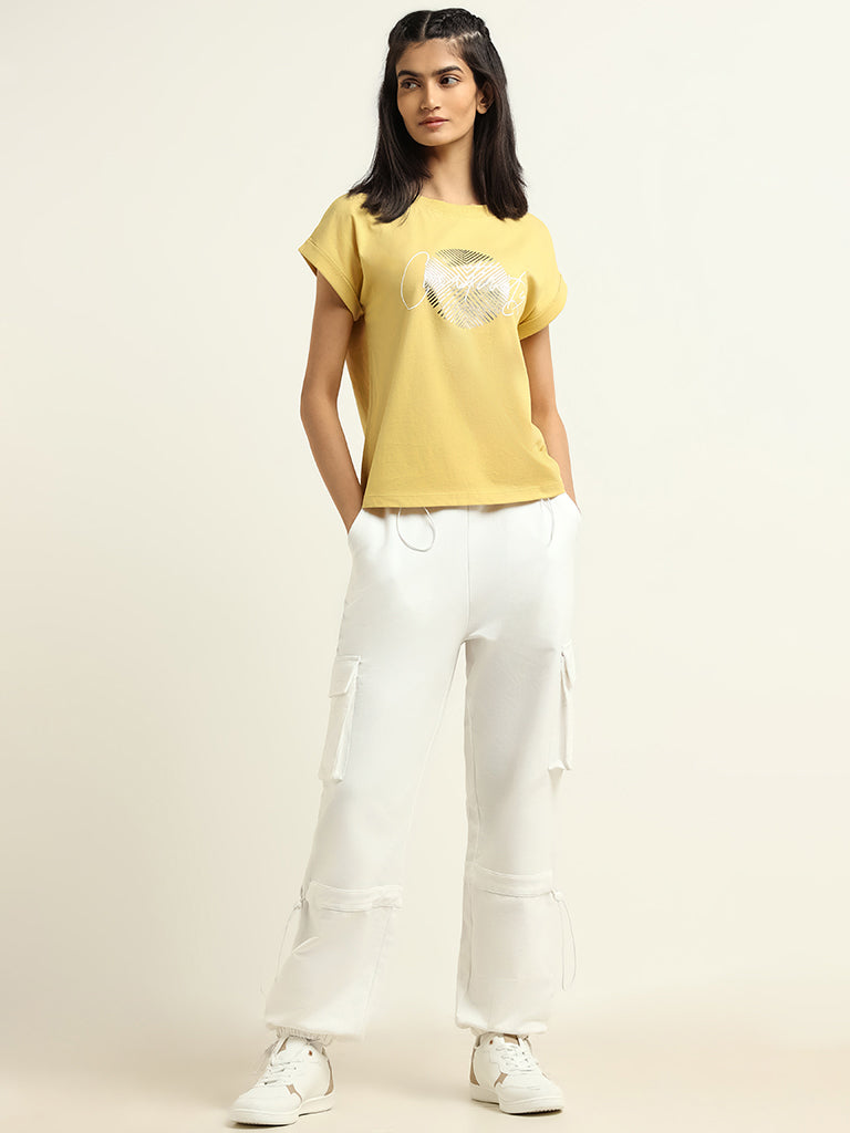 Studiofit Yellow Printed Cotton T-Shirt