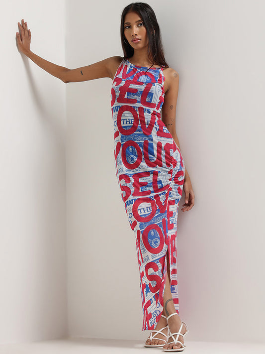 Nuon Red Contrast Print Tulle Maxi Dress