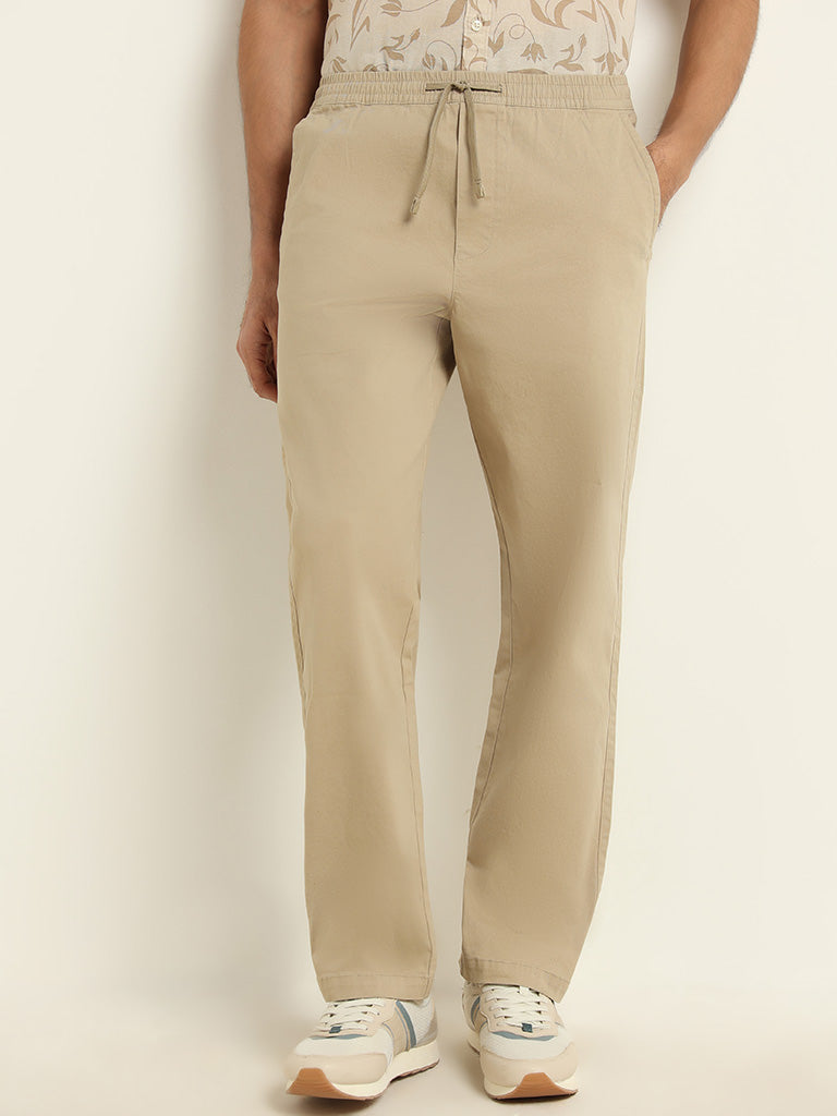 WES Casuals Beige Cotton Blend Relaxed Fit Chinos