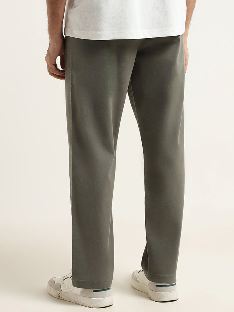 WES Casuals Olive Plain Relaxed Fit Pants