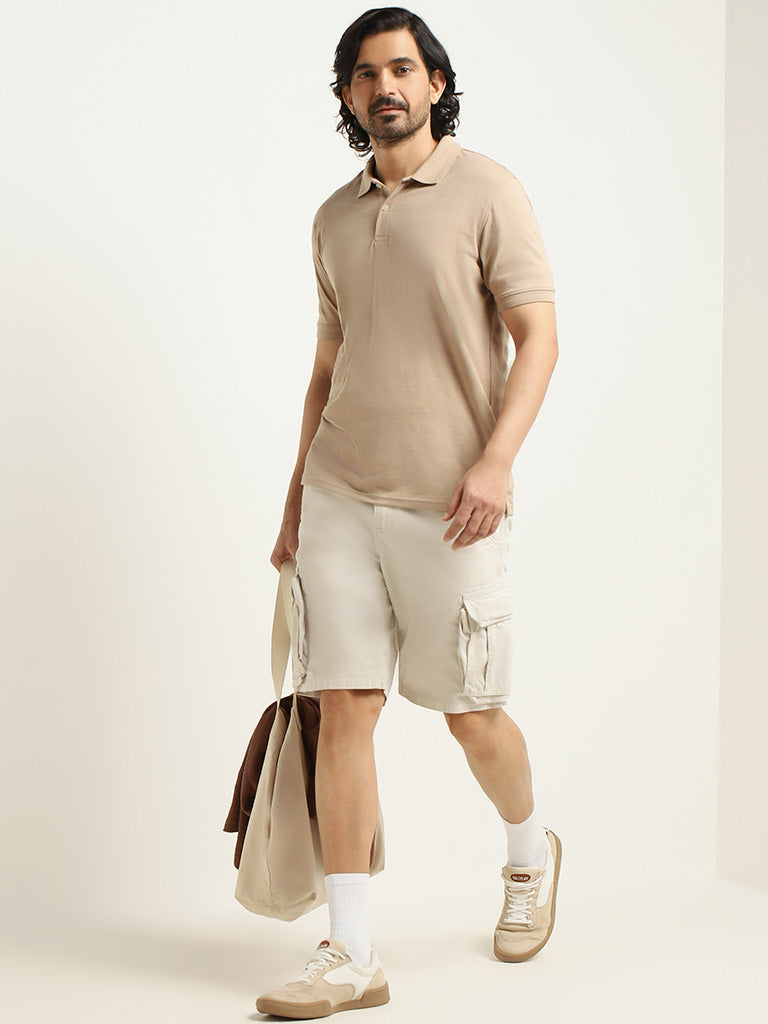 WES Casuals Plain Taupe Relaxed Fit Shorts