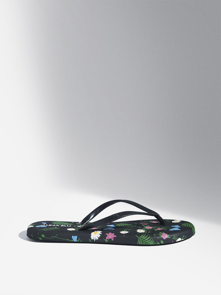 LUNA BLU Black Floral Patterned Flip-Flops