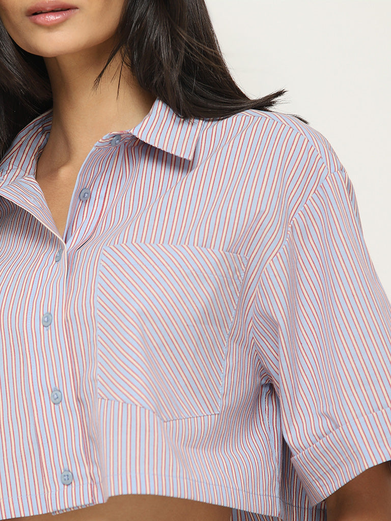 Nuon Blue Striped Cotton Crop Shirt