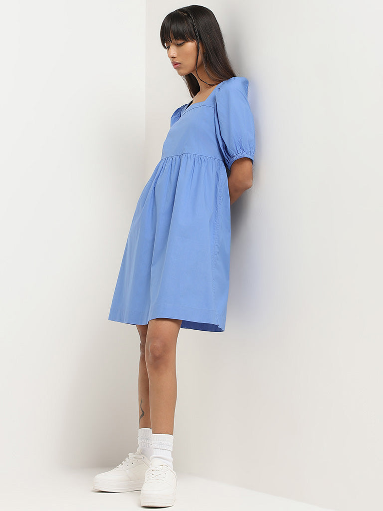 Nuon Blue Plain Cotton Dress