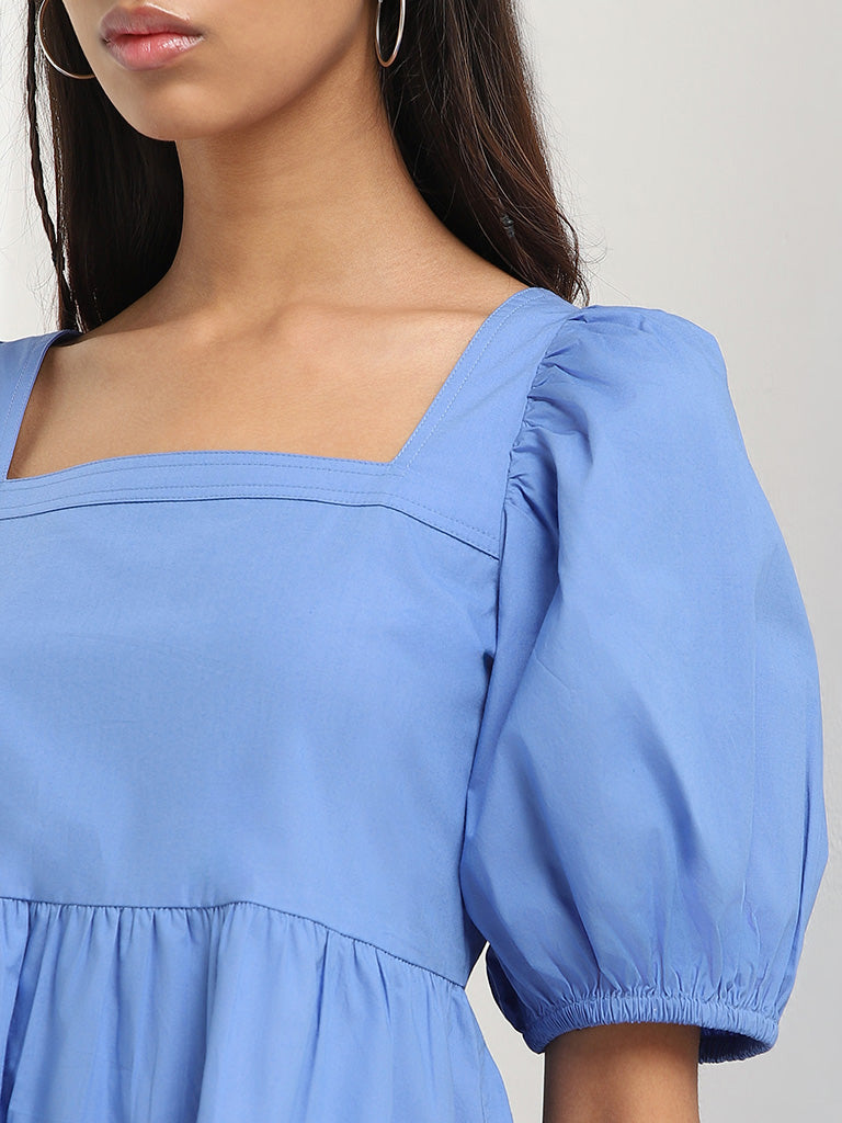 Nuon Blue Plain Cotton Dress