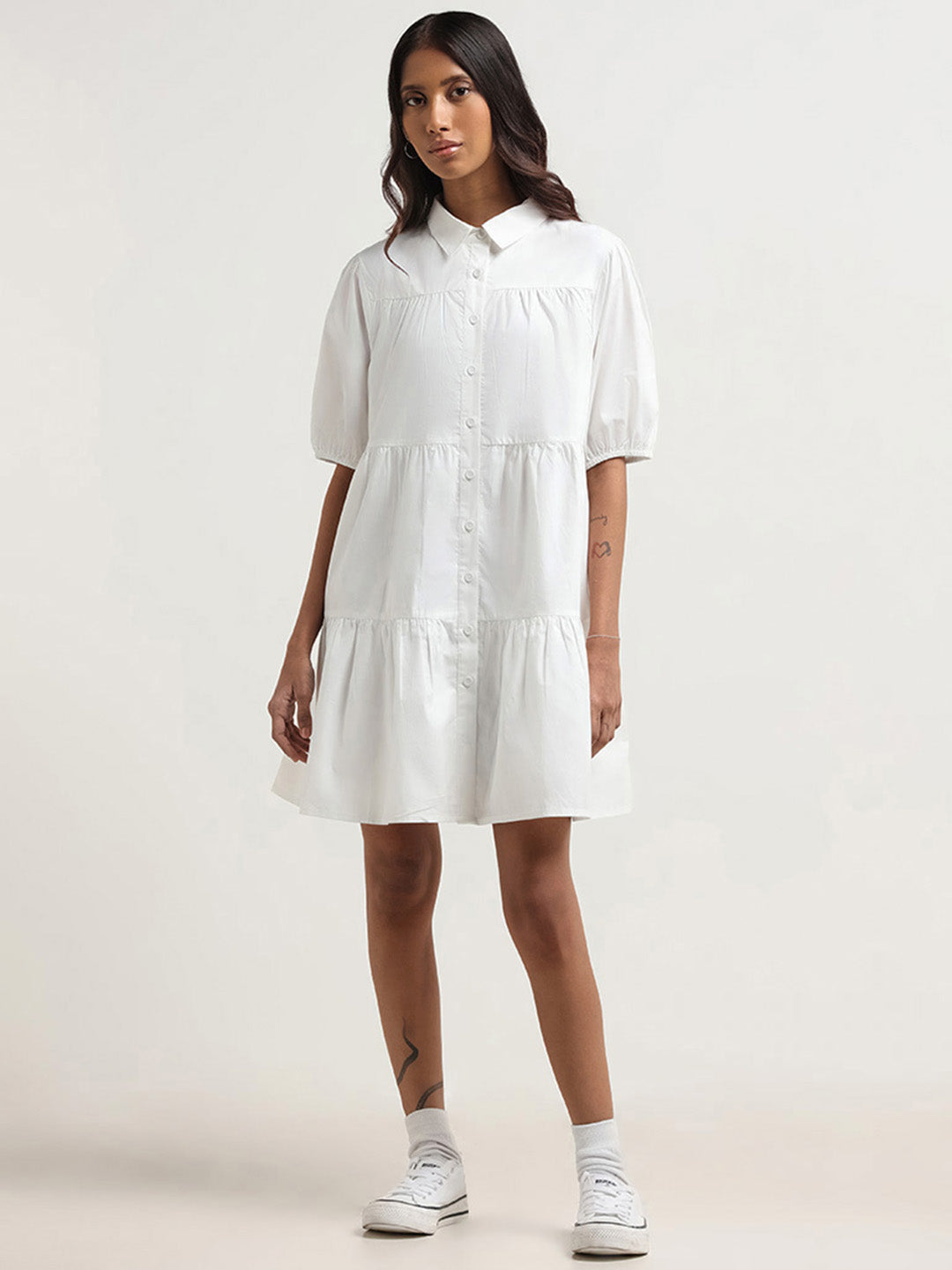 Nuon White Tiered Shirt Dress