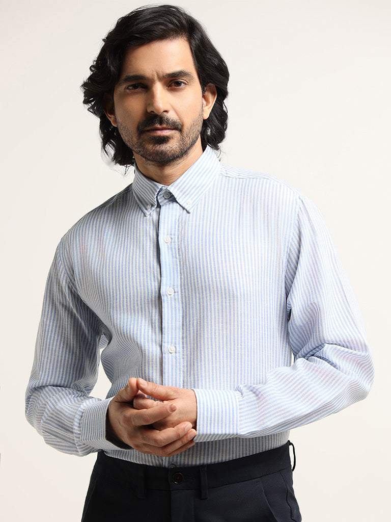 Ascot Blue Striped Relaxed Fit Blended Linen Shirt