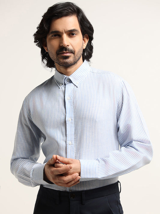 Ascot Blue Striped Relaxed Fit Blended Linen Shirt