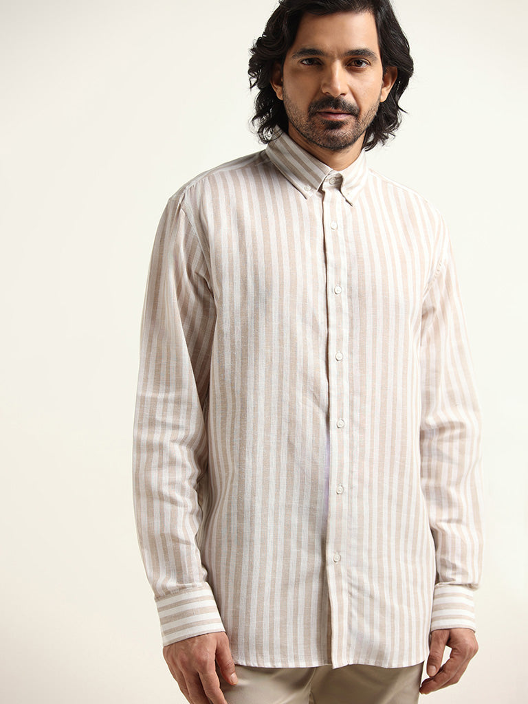 Ascot Beige Striped Relaxed Fit Blended Linen Shirt
