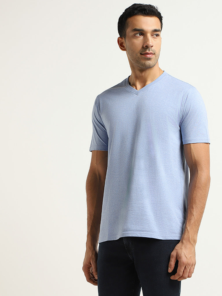 WES Casuals Blue Cotton Slim-Fit T-Shirt
