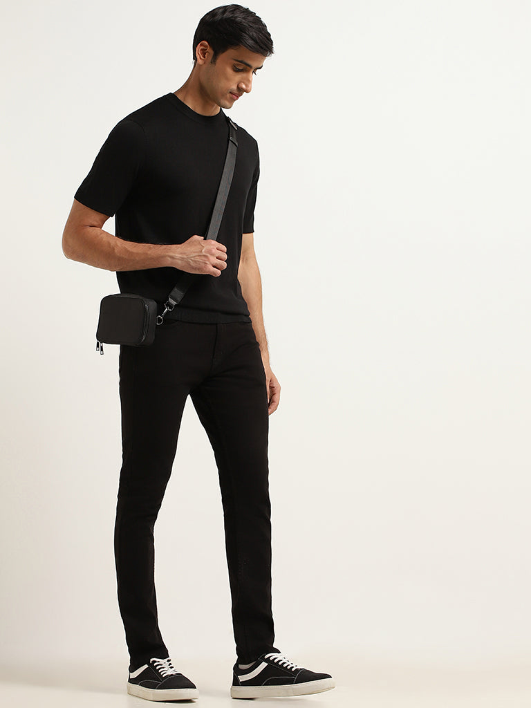 WES Formals Solid Black Knitted Slim Fit T-Shirt