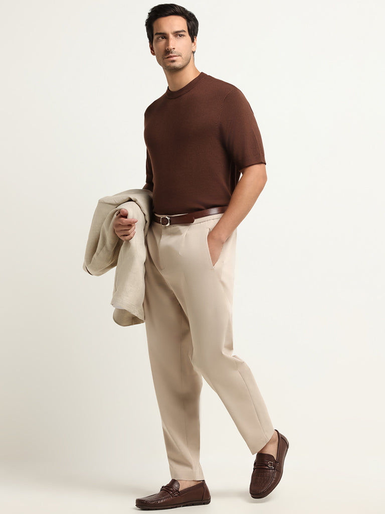 WES Formals Brown Relaxed-Fit Knitted T-Shirt