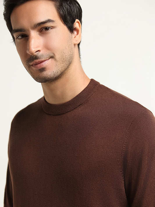 WES Formals Brown Relaxed-Fit Knitted T-Shirt