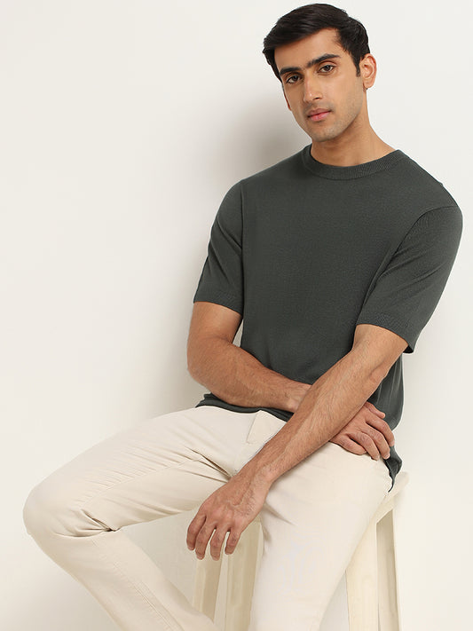 WES Formals Solid Green Relaxed Fit T-Shirt