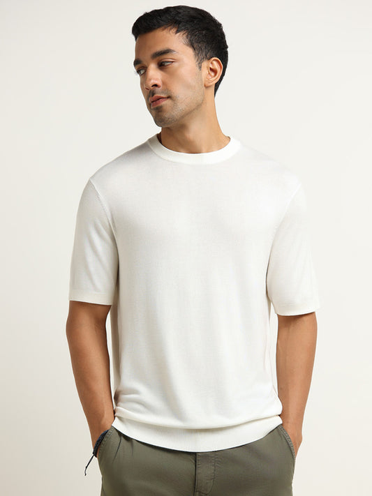 WES Formals Off-White Slim-Fit Ribbed T-Shirt