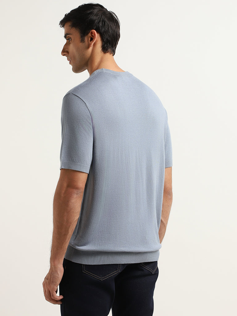 WES Formals Solid Blue Knitted Slim Fit T-Shirt