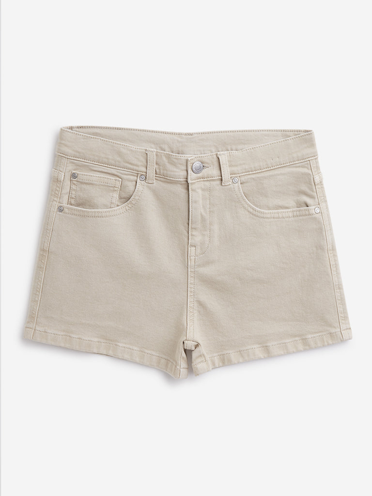 Y&F Kids Beige Solid Denim Shorts