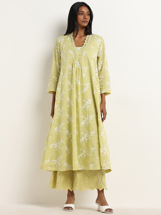 Zuba Lime Floral Embroidered Cotton A-Line Kurta with Camisole