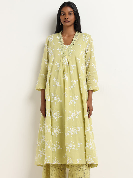 Zuba Lime Floral Embroidered A-line Kurta with Camisole