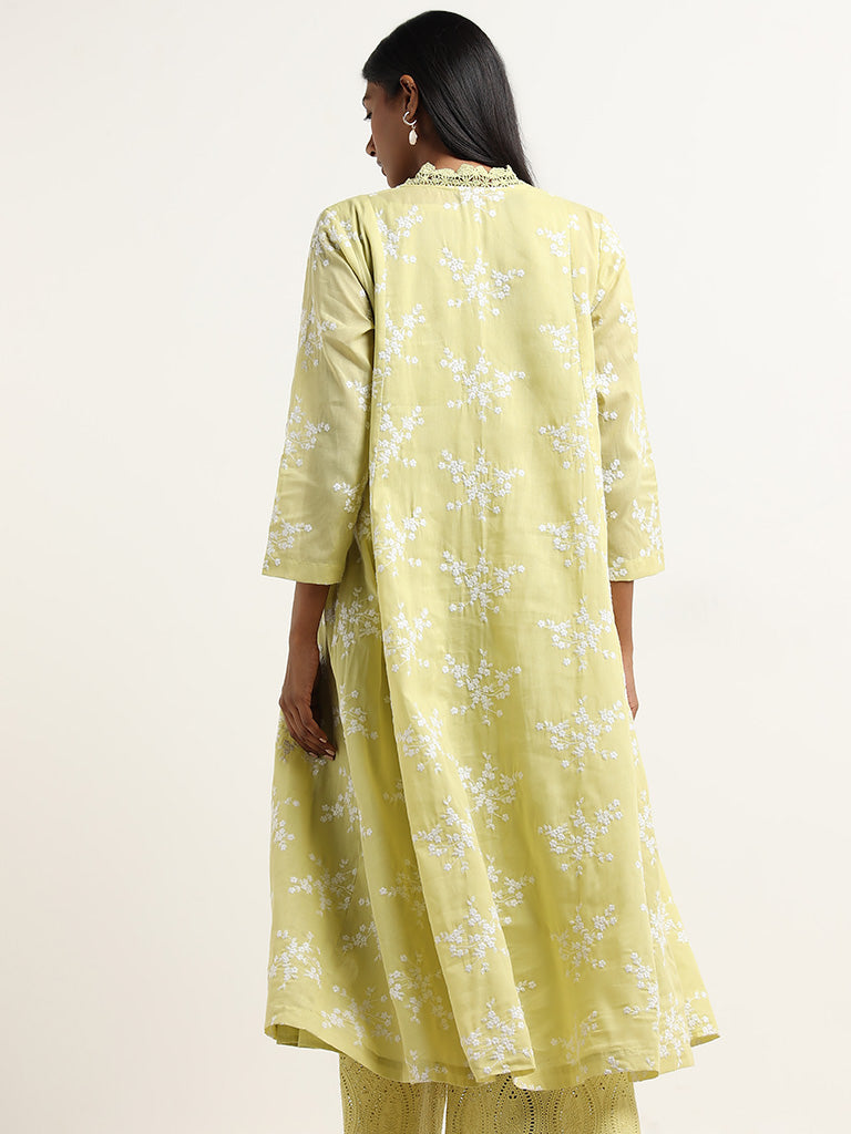 Zuba Lime Floral Embroidered A-line Kurta with Camisole
