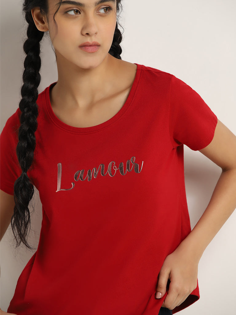 LOV Red Printed Cotton T-Shirt