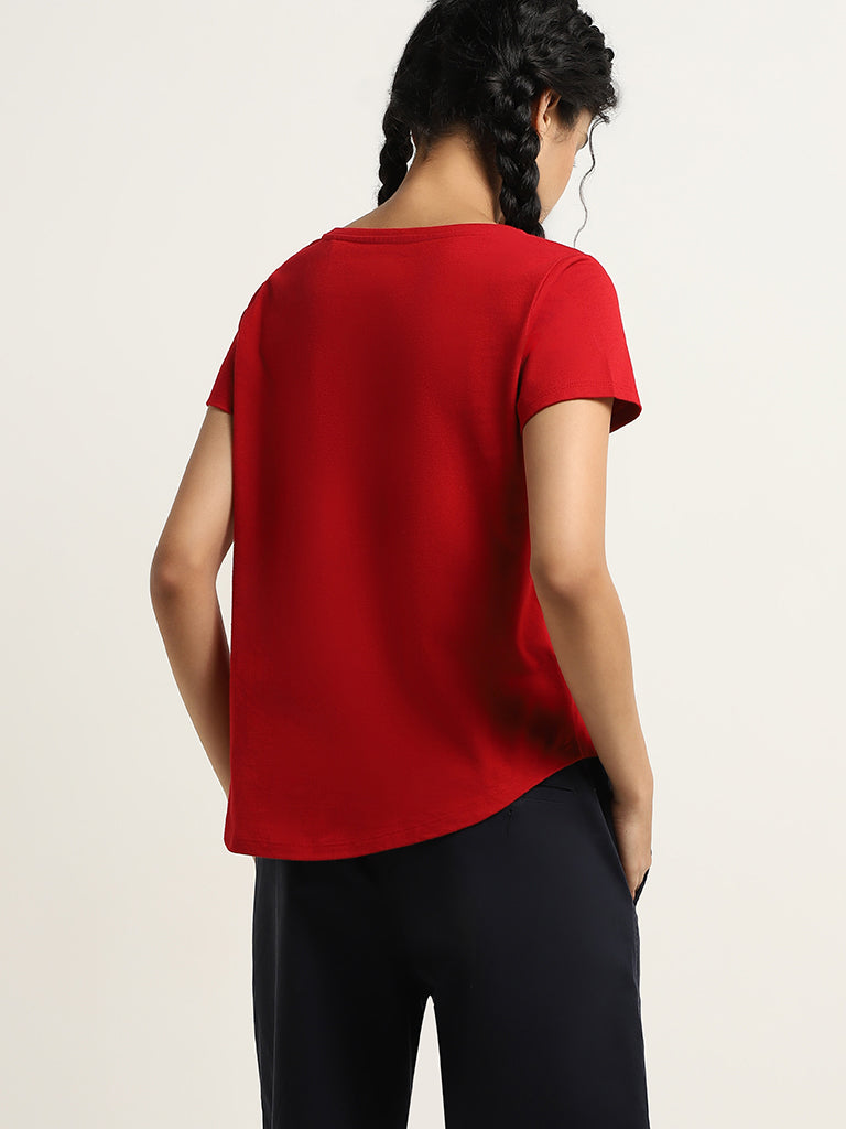 LOV Red Printed Cotton T-Shirt