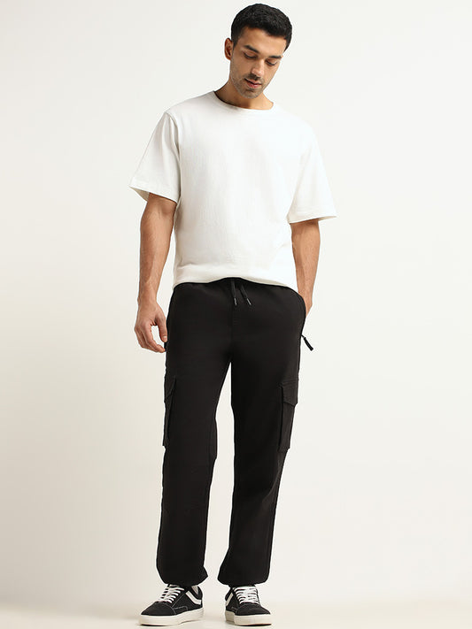 WES Casuals Black Cargo Cotton Blend Relaxed-Fit Joggers