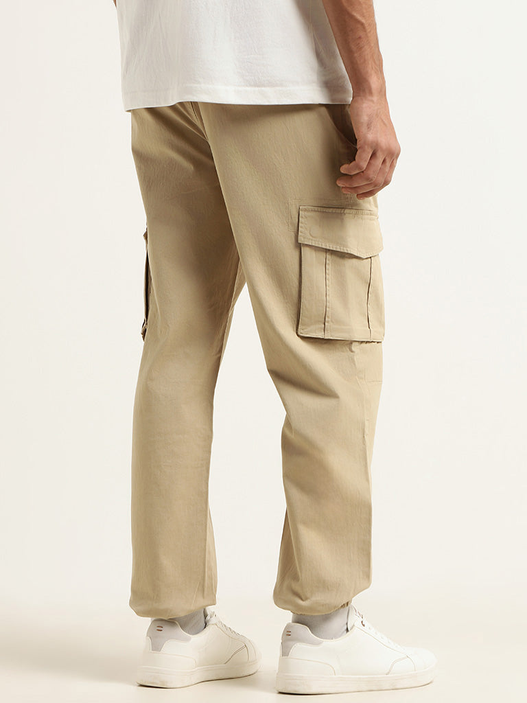 WES Casuals Beige Cargo Relaxed Fit Joggers