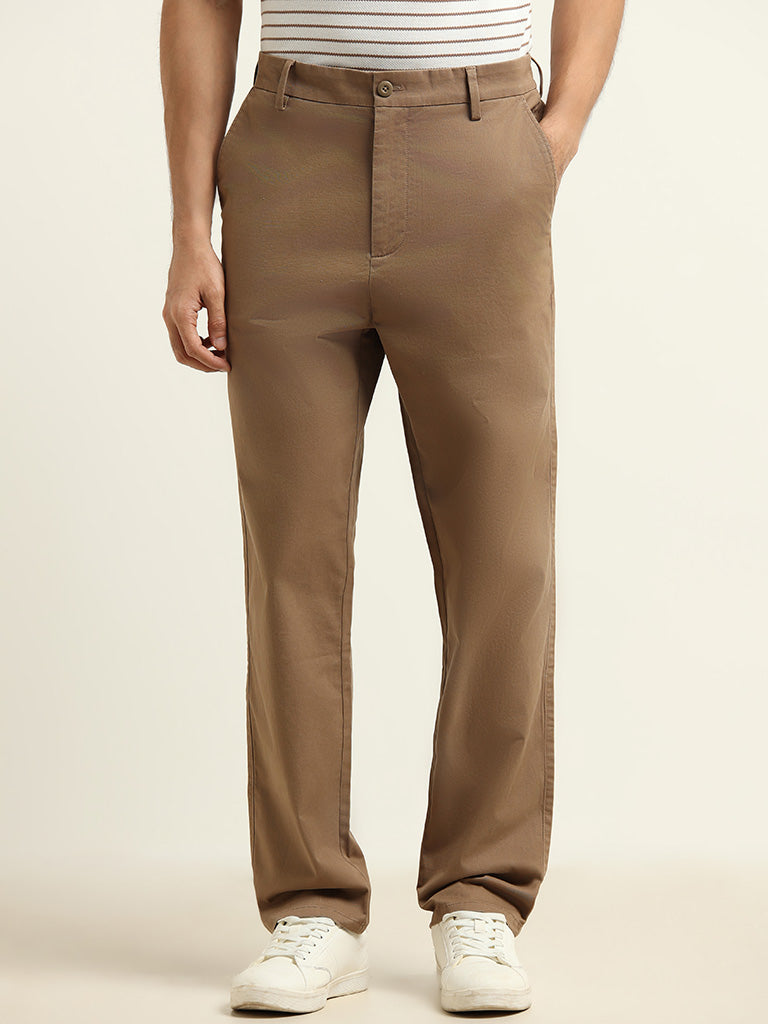 WES Casuals Brown Cotton Blend Relaxed Fit Chinos