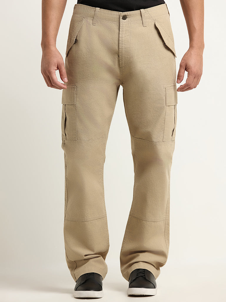 WES Casuals Beige Relaxed Fit Mid Rise Cargo Blended Linen Pants