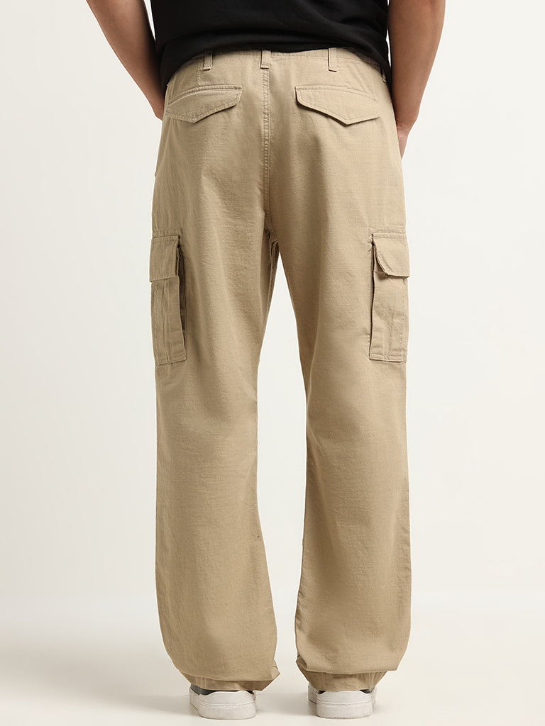 WES Casuals Beige Relaxed Fit Mid Rise Cargo Blended Linen Pants