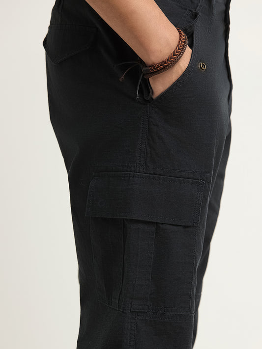 WES Casuals Black Relaxed Fit Mid Rise Cargo Blended Linen Pants