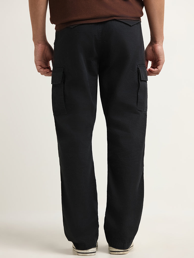 WES Casuals Black Relaxed Fit Mid Rise Cargo Blended Linen Pants