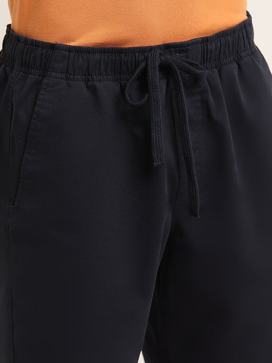 WES Casuals Navy Cotton Mid-Rise Relaxed Fit Shorts