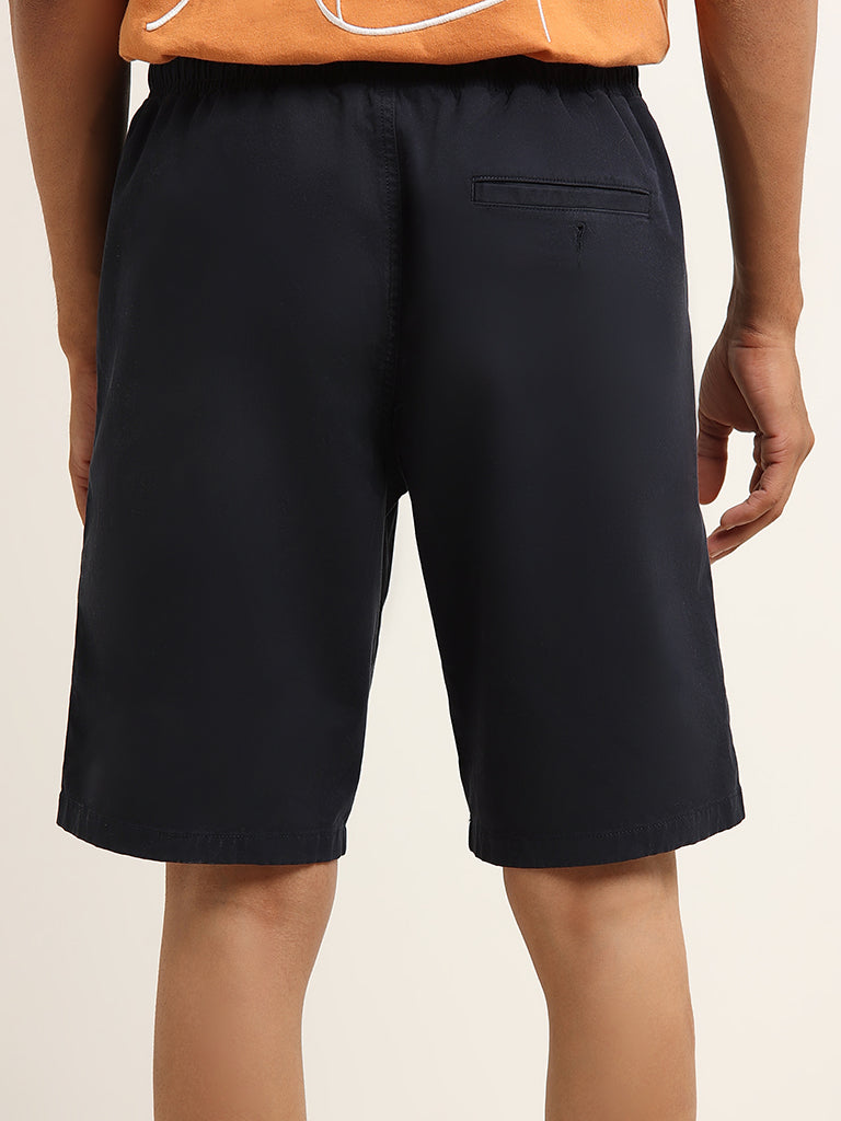 WES Casuals Navy Mid-Rise Cotton Blend Relaxed Fit Shorts