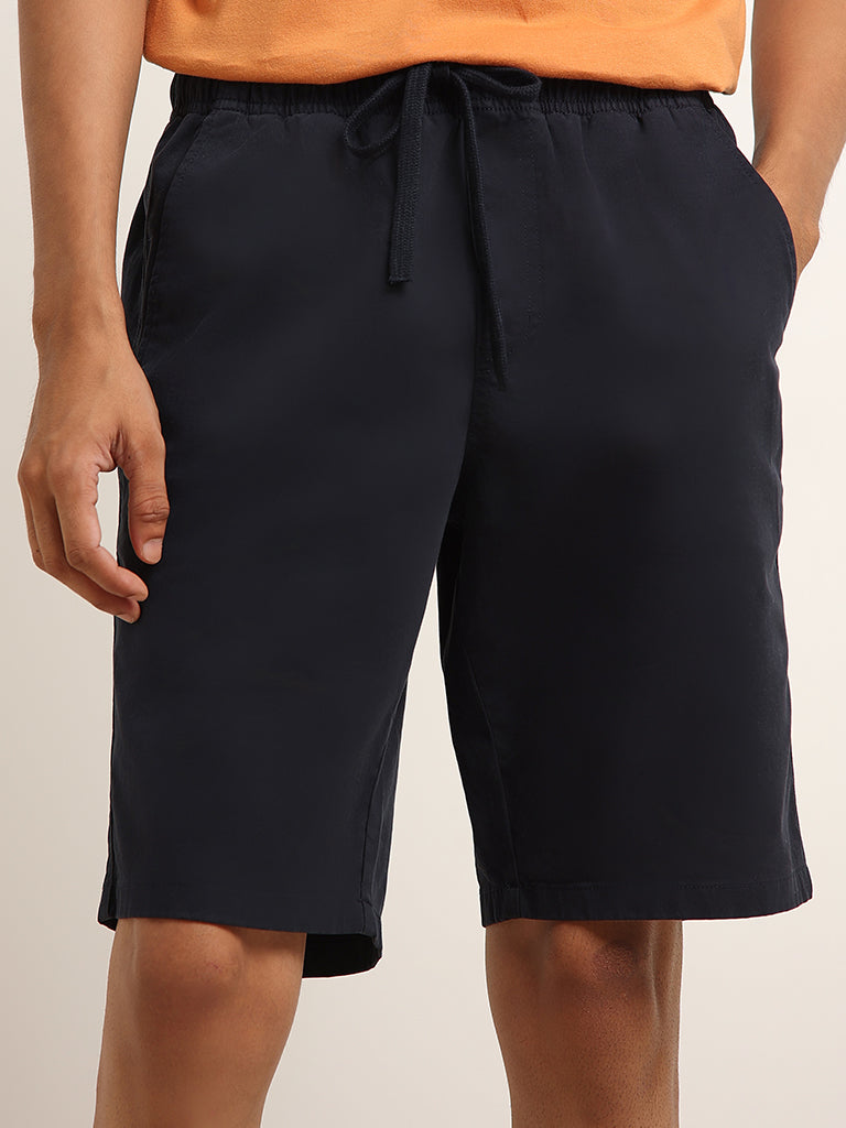 WES Casuals Navy Cotton Mid-Rise Relaxed Fit Shorts