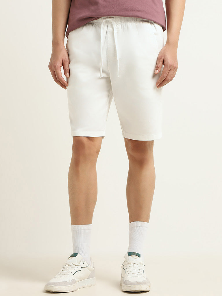 WES Casuals Plain White Relaxed Fit Shorts