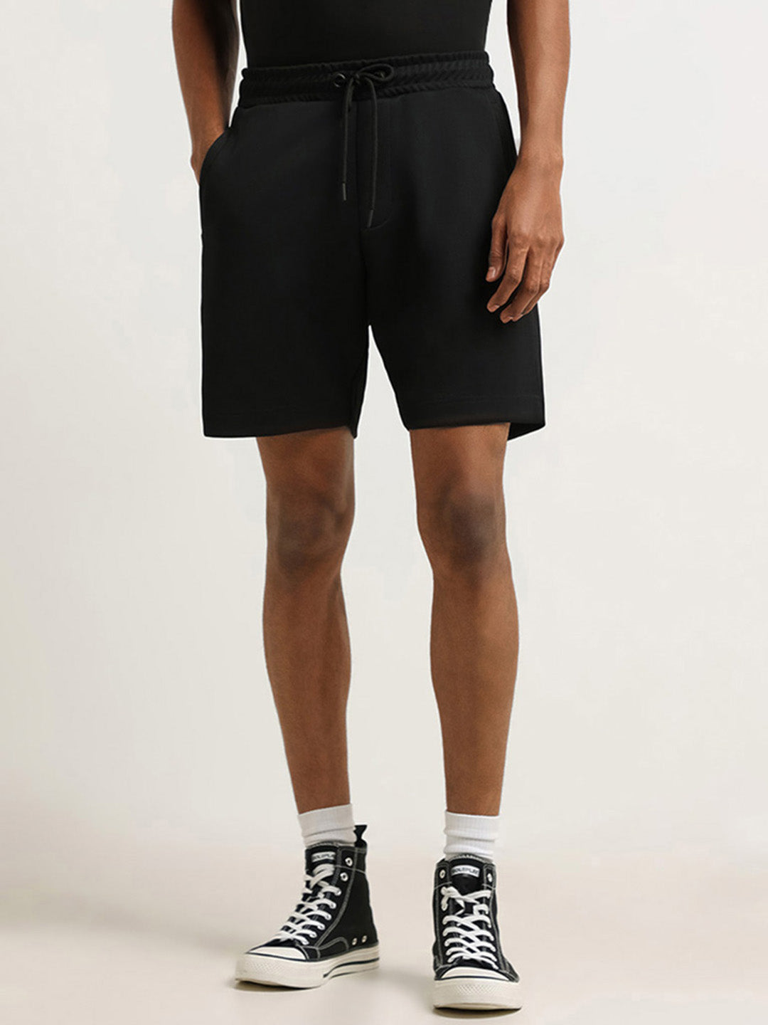 Studiofit Black Self Patterned Relaxed Fit Shorts