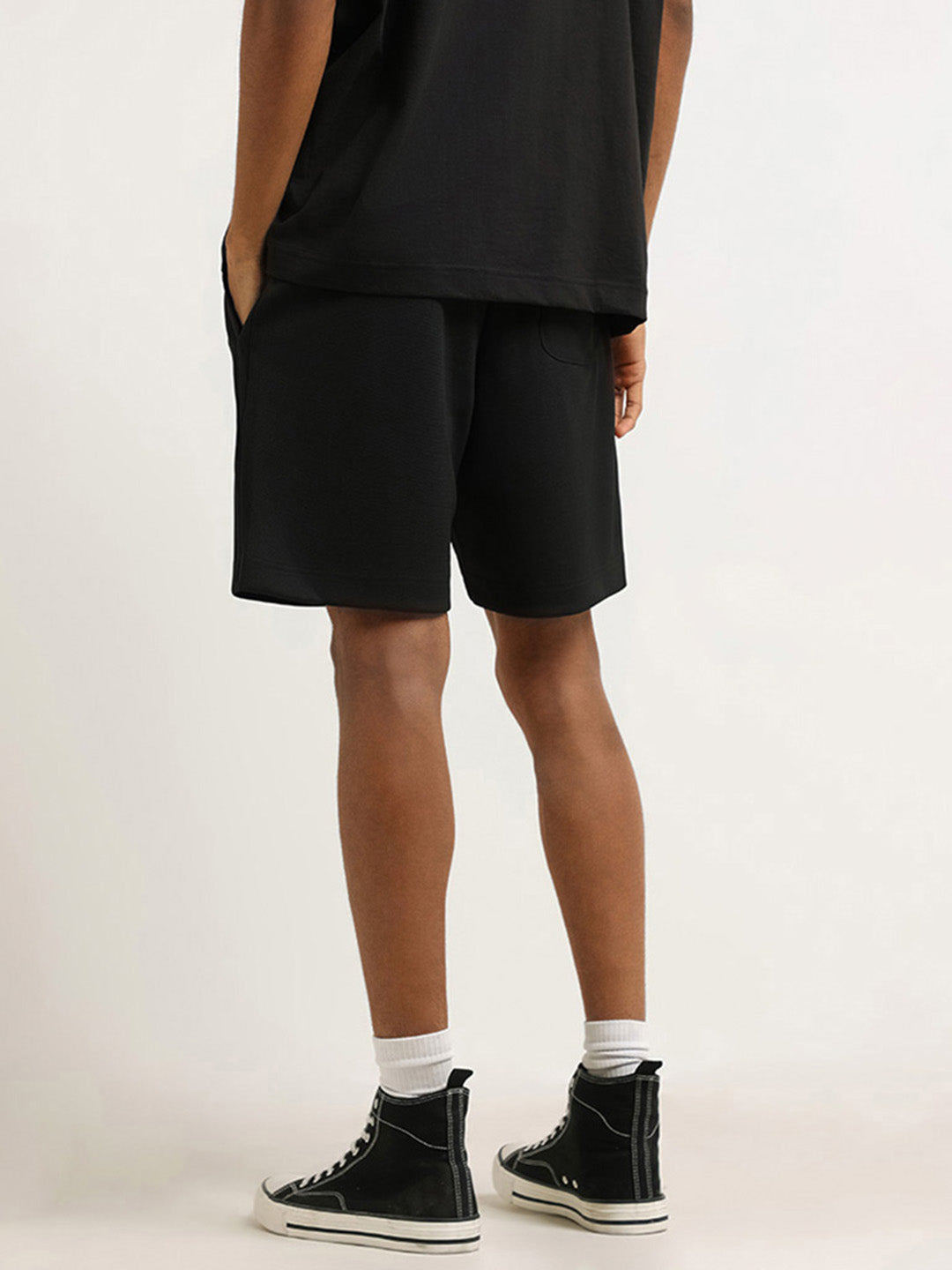 Studiofit Black Self Patterned Cotton Blend Relaxed Fit Shorts