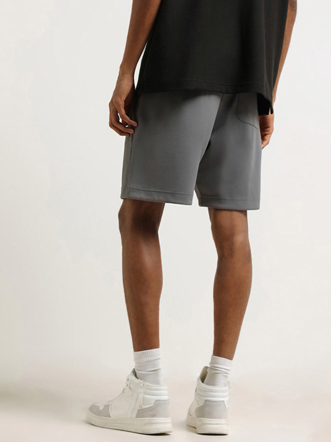 Studiofit Grey Self Patterned Cotton Blend Relaxed Fit Shorts