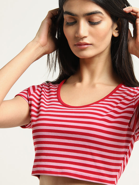 Nuon Pink Striped Cotton Crop Top