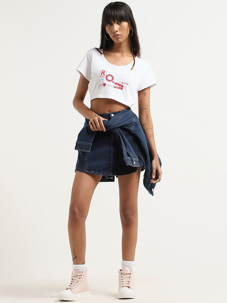 Nuon White Printed Crop T-Shirt